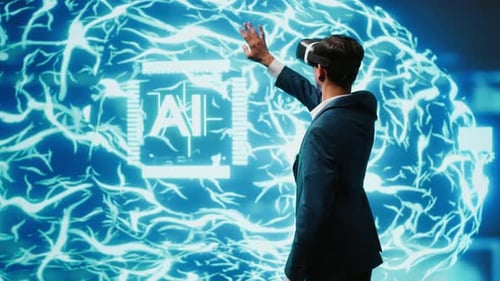 Computer Scientist Wearing VR Headset Interacting with AI Visualization