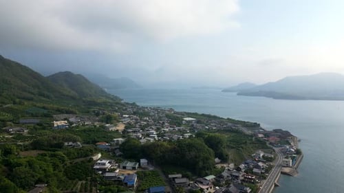 Aerial drone shot over Takaneshima Island in Seto Inland sea in Japan