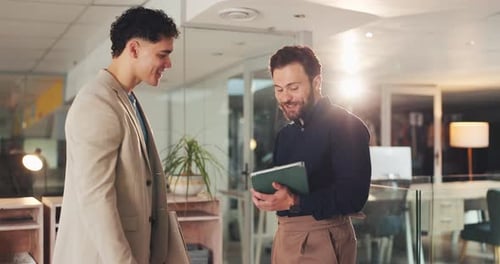Office, handshake and men with tablet, online and happy for reviews for article on website at night