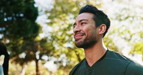 Fitness, happy and man in nature for thinking with workout, health or training for wellness