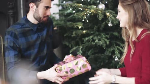 Loving Couple Exchanging Christmas Gifts by the Tree