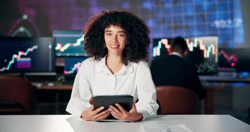 Woman, talking or tablet with information for stock market, financial news or update for trade