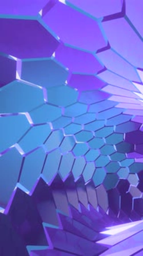 Camera Moving Through Glowing Hexagon Tunnel