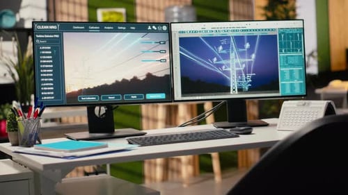 CAD-Entwurf für Stromleitungstürme auf zwei Monitoren im Ingenieurbüro angezeigt