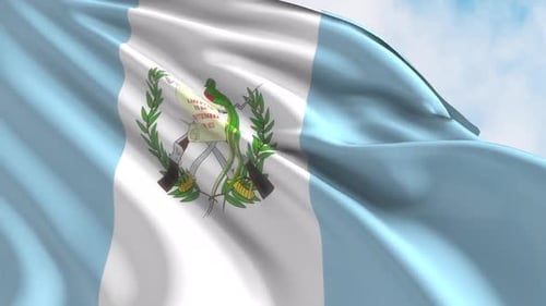 Guatemala National Flag Waving with Emblem on Blue Sky Background