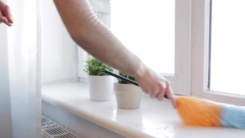 Woman dusting with duster in a bright room