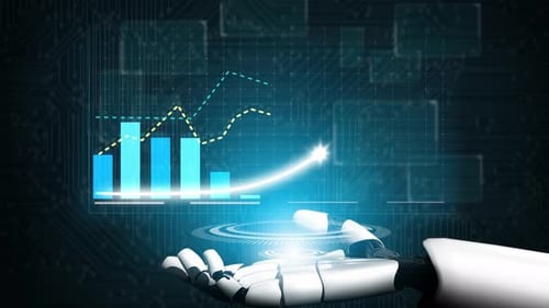 Futuristic robotic hand presenting digital analytics data with growing charts, graphs, and technolog