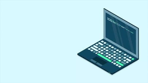 Isometrische Laptop-Animation. Isometrischer 3D-Laptop-Computer. Abstrakte Programmiersprache und Programm