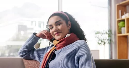 Face, happy and woman with laptop at house for remote work, editing article and story research