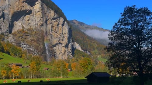 Lauterbrunnen Valley Staubbach Falls moonbow waterfall rainbow Bernese Highlands Switzerland Schweiz