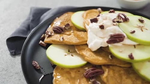 Delicious Pancakes with Cream, Apples, and Pecans