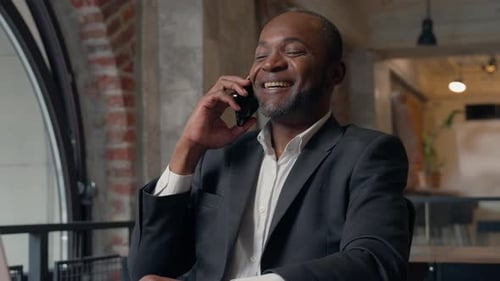 Happy African American Businessman Talking Phone Businessman Laptop Using Office Male Worker