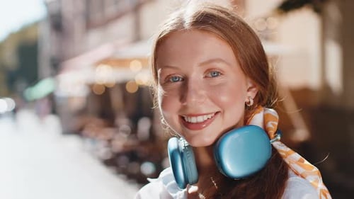 Happy Child Girl Smiling Looking Dreaming Resting Good News Feel Satisfied in City Street