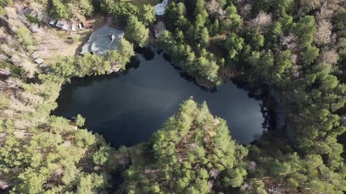 Lake surrounded by trees. Beautiful landscape in aerial drone shot.