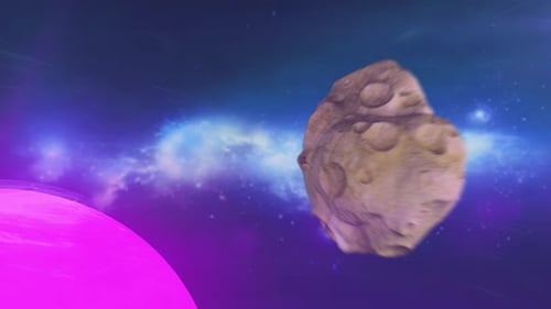 3D-Renderanimation von Mars, Sternenhimmel, Milchstraßennebel und fliegenden Asteroiden mit Kratern