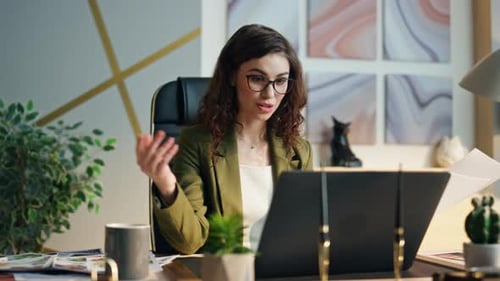 Woman Trainer Talking at Webinar Looking Laptop Camera Close Up. Attractive Young