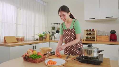 Asian young woman cooking healthy foods in kitchen in morning at home.