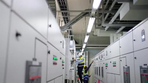 4K Two engineer working at factory server electric control panel room.