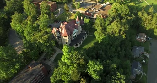 Aerial view over Graceland Inn on the campus of Davis & Elkins College in Elkins, West Virginia.