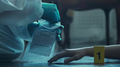 Gloved Hand Collecting Evidence at a Crime Scene