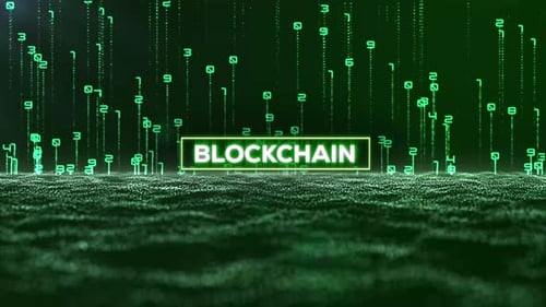 Matrix-Binärcode und Blockchain-Wort 4K