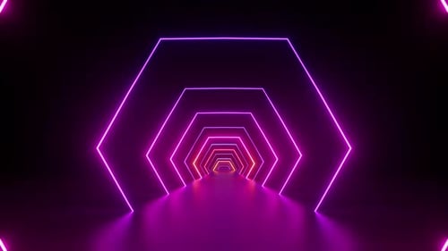 neon hexagonal tunnel with spinning geometric linear frames and reflection on the ground