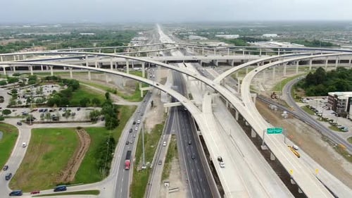 Aerial view of highway interchange, United States.