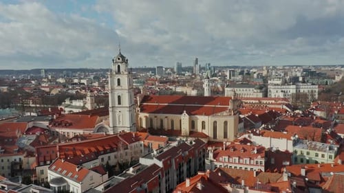 AERIAL: Vilnius City Old Town on a Warm and Beautiful Spring Day