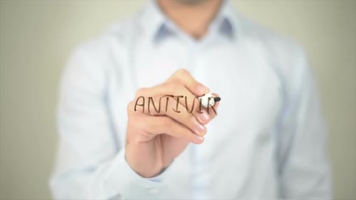 Antivirus Man Writing on Transparent Screen