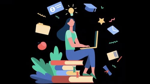 The Girl Works At A Laptop On Alpha Channel