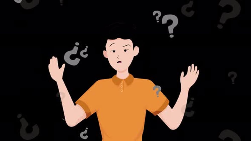confused man with question marks, person not knowing what decision to ...