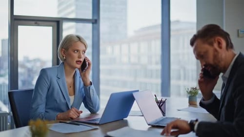Busy Executives Speaking Mobile Devices at Office Closeup Coworkers Chatting