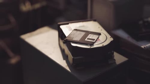 Hard Drive with Floppy Disk on Top Resting on a Desk in a Cluttered Workspace