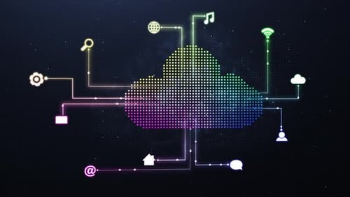 Plano de fundo, ícone de nuvem e internet para rede global, algoritmo e wireframe para dados e futuro