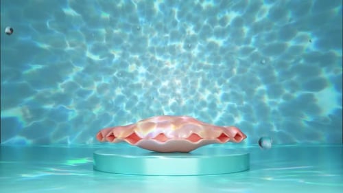 Coquille de palourde rose sur socle turquoise avec effet d'eau