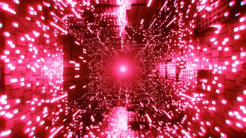 Digital technology city. Flying through colored neon futuristic buildings