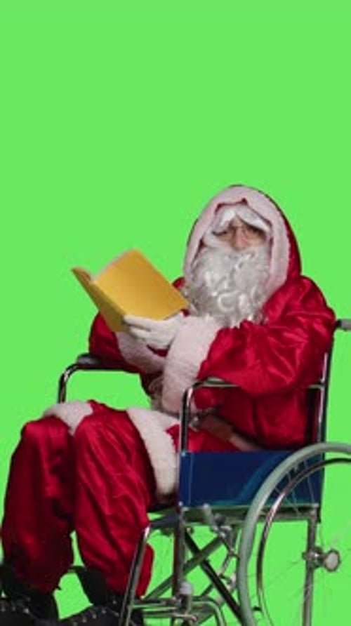Vertical Video Side View of Santa in Wheelchair Reads Book