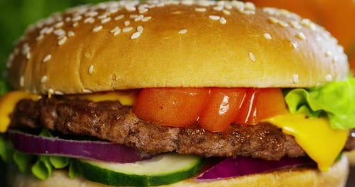 Juicy Hamburger Close-Up with Fresh Ingredients