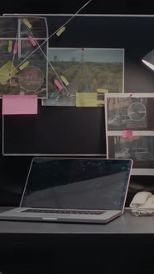 Vertical Video Criminal Board with Evidence in Police Archive Office