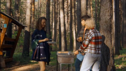 Friends cook grilled meat in forest in summer