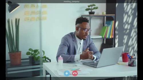 Close Up Shot of Screen African American Businessman Making Conference Video Call Meeting Sitting