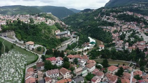 Aerial video of the capital city of Sarajevo of Bosnia and Herzegovina
