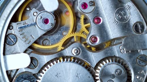 Rotating Gears of Mechanical Watch Close Up
