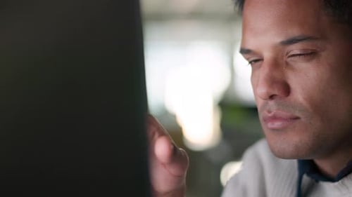 Cyber security man, digital programmer or computer for thinking web designer reading ux seo software