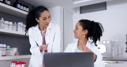 Teamwork, high five and women scientists on laptop after research innovation in laboratory