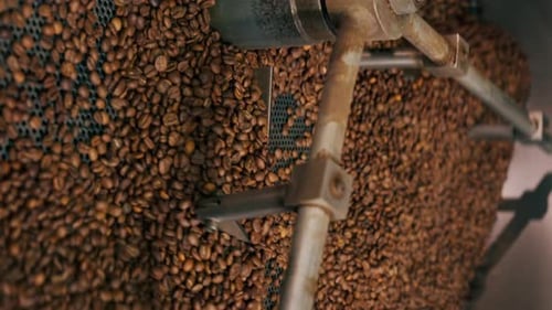 Vertical Video Closeup of a Coffee Roasting Factory Inside Drum Roasting Stirring Coffee
