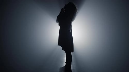 Silhouette of Beautiful Woman Standing in Dark Space. Side View of Slim