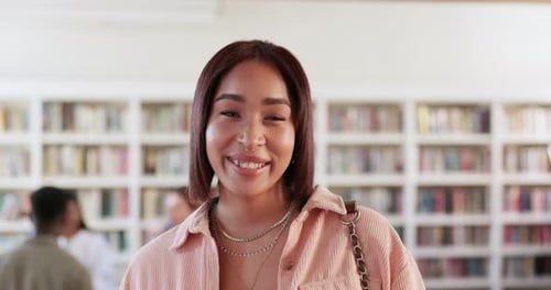 Education, university and library with face of woman on campus for research, studying or learning