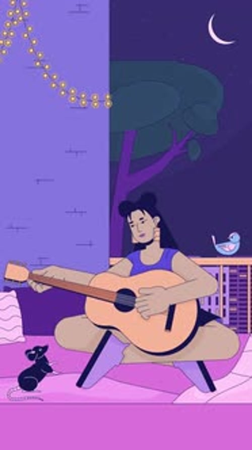 Lofi balcony jam session at night with mouse and bird vertical animation