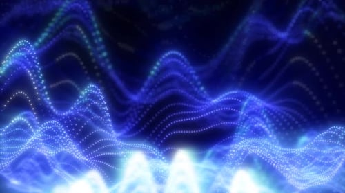 Abstract waves of glowing particles in vibrant blue creating a dynamic and fluid digital landscape
